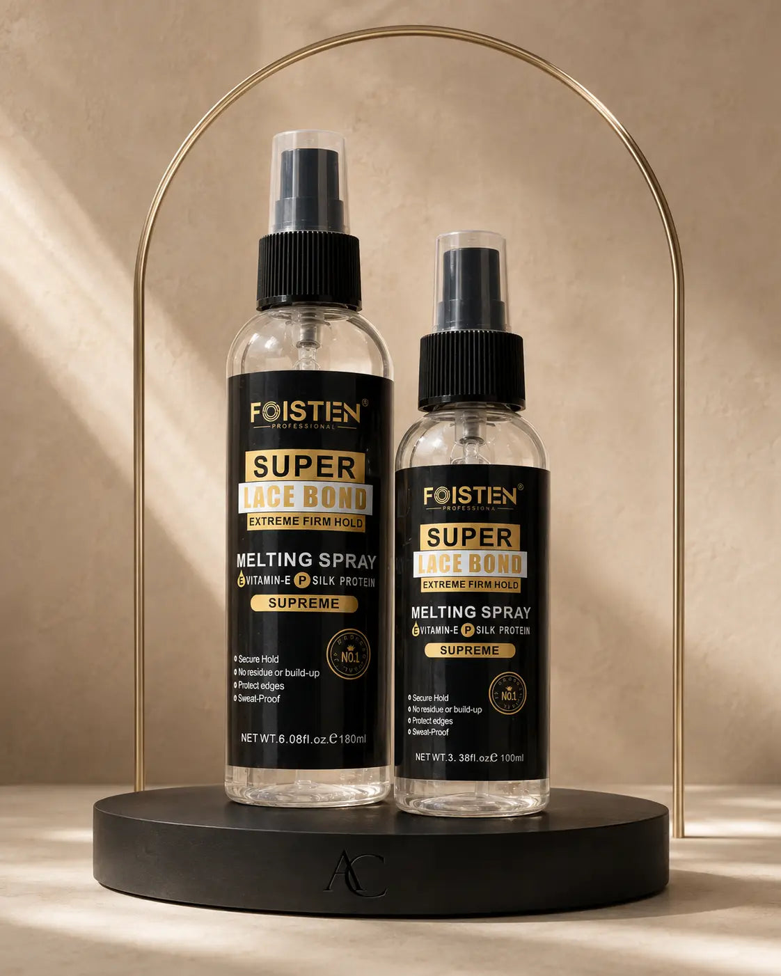 Foisten Super Lace Bond Melting Spray — Duo 180 ml + 100 ml — mise en scène studio AC
