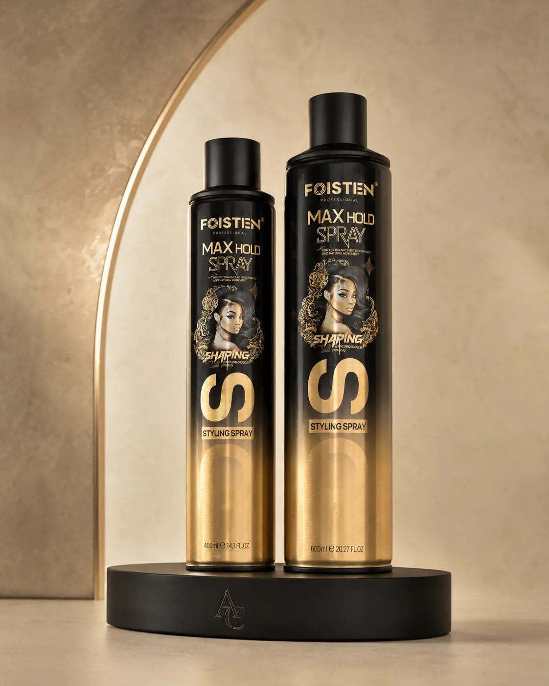 Foisten Max Hold Styling Spray — Gold Duo — mise en scène studio AC