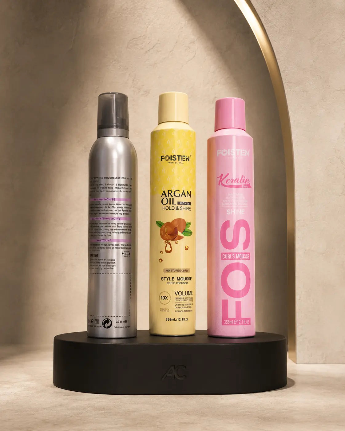 Foisten Trio Styling Mousse — Shine, Argan & Keratin — mise en scène studio AC