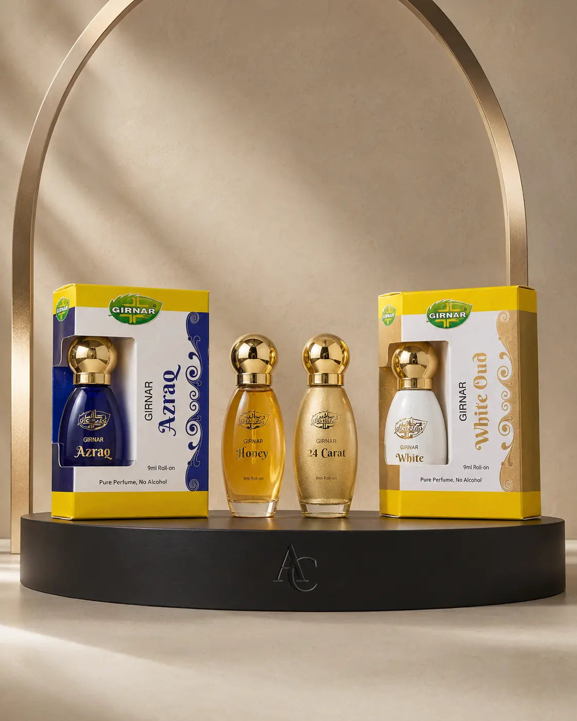 Girnar Collection Roll-On — Azraq, Honey, 24 Carat & White Oud — mise en scène studio AC