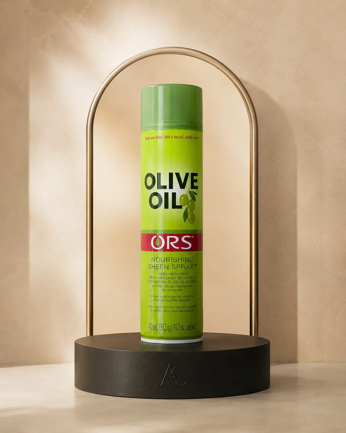 ORS Olive Oil Nourishing Sheen Spray — mise en scène studio AC